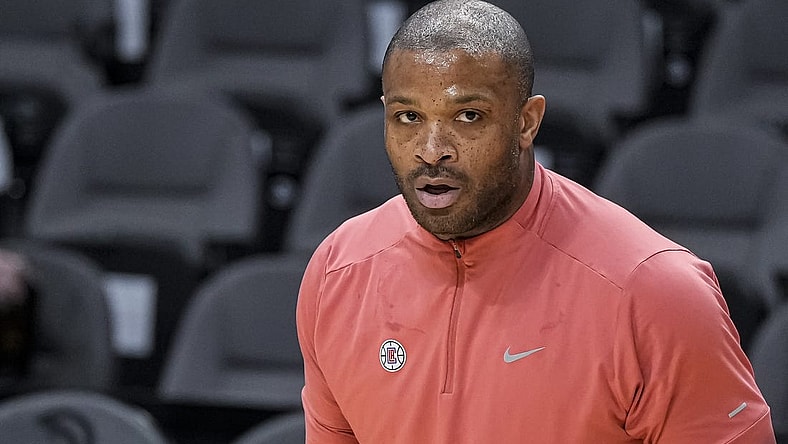 Feb 5, 2024; Atlanta, Georgia, USA; LA Clippers forward P.J. Tucker (17) shown on the court prior to the game against the Atlanta Hawks at State Farm Arena. Mandatory Credit: Dale Zanine-USA TODAY Sports