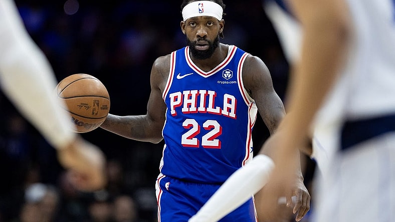 Feb 5, 2024; Philadelphia, Pennsylvania, USA; Philadelphia 76ers guard Patrick Beverley (22) dribbles the ball against the Dallas Mavericks during the fourth quarter at Wells Fargo Center. Mandatory Credit: Bill Streicher-USA TODAY Sports