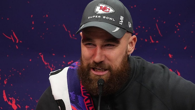 Feb 5, 2024; Las Vegas, NV, USA; Kansas City Chiefs tight end Travis Kelce (87) during Super Bowl LVIII Opening Night at Allegiant Stadium. Mandatory Credit: Kirby Lee-USA TODAY Sports