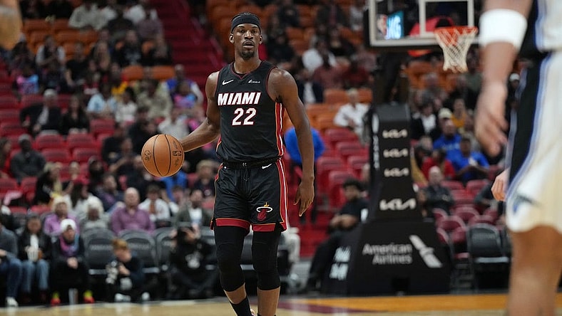 Feb 6, 2024; Miami, Florida, USA;  Miami Heat forward Jimmy Butler (22) brings the ball up the court against the Orlando Magic during the first half at Kaseya Center. Mandatory Credit: Jim Rassol-USA TODAY Sports