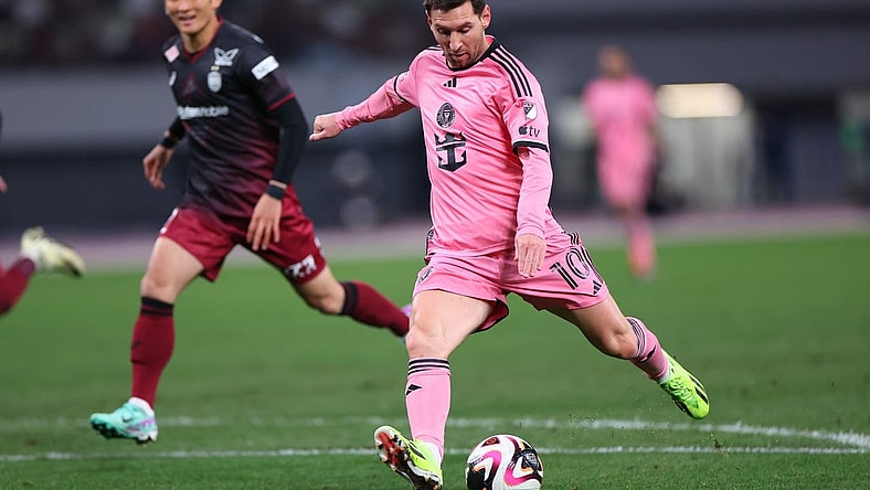 Feb 7, 2024; Tokyo, Japan; Inter Miami CF forward Lionel Messi (10) shoots against Vissel Kobe during the second half of a preseason friendly at Japan National Stadium. Mandatory Credit: Naoki Nishimura-USA TODAY Sports