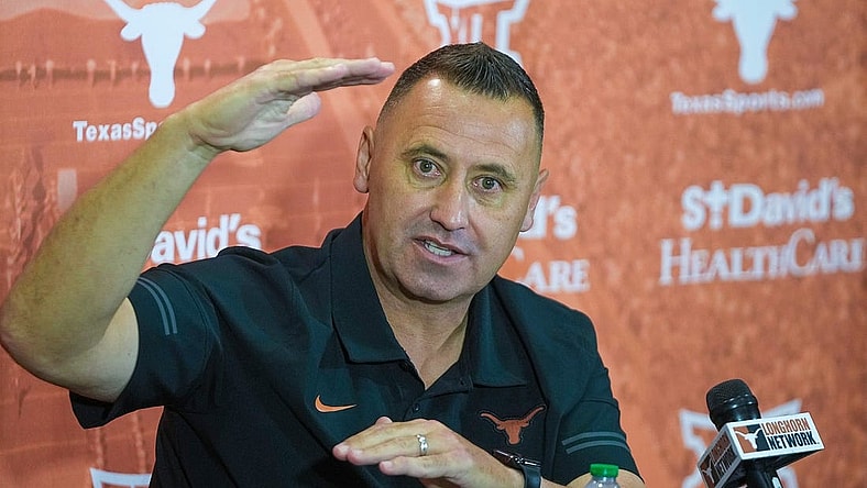 Longhorns Head coach Steve Sarkisian answer questions from the local news media during the first press conferences for the 2023 football season on August 1, 2023.
