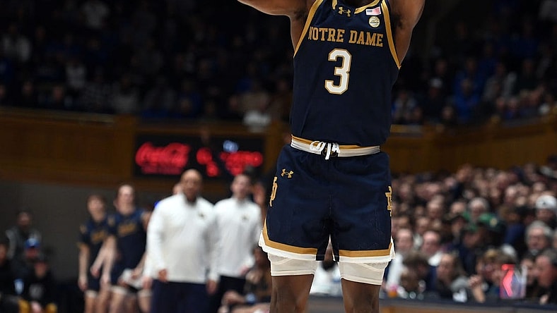 Feb 7, 2024; Durham, North Carolina, USA; Notre Dame Fighting Irish guard Markus Burton (3) shoots during the first half against the Duke Blue Devils at Cameron Indoor Stadium. Mandatory Credit: Rob Kinnan-USA TODAY Sports