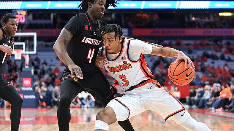 Feb 7, 2024; Syracuse, New York, USA; Syracuse Orange guard Judah Mintz (3) posts up against Louisville Cardinals guard Ty-Laur Johnson (4) in the second half at the JMA Wireless Dome. Mandatory Credit: Mark Konezny-USA TODAY Sports