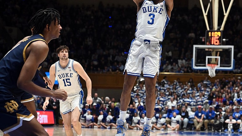 Feb 7, 2024; Durham, North Carolina, USA;  Duke Blue Devils guard Jeremy Roach (3) shoots during the second half against the Notre Dame Fighting Irish at Cameron Indoor Stadium. The  Blue Devils won 71-53.Mandatory Credit: Rob Kinnan-USA TODAY Sports