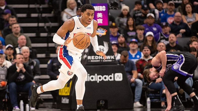 Feb 7, 2024; Sacramento, California, USA; Detroit Pistons guard Jaden Ivey (23) pushes the ball up the court during the second quarter at Golden 1 Center. Mandatory Credit: Ed Szczepanski-USA TODAY Sports