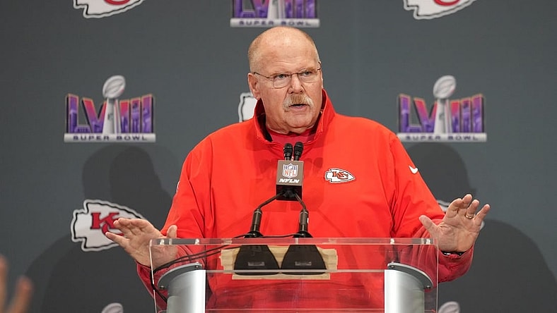 Feb 8, 2024; Las Vegas, NV, USA; Kansas City Chiefs head coach Andy Reid during a press conference before Super Bowl LVIII at Westin Lake Las Vegas Resort and Spa. Mandatory Credit: Kyle Terada-USA TODAY Sports