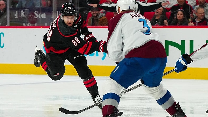 Feb 8, 2024; Raleigh, North Carolina, USA; Carolina Hurricanes center Martin Necas (88) scores a goal against the Colorado Avalanche during the first period at PNC Arena. Mandatory Credit: James Guillory-USA TODAY Sports