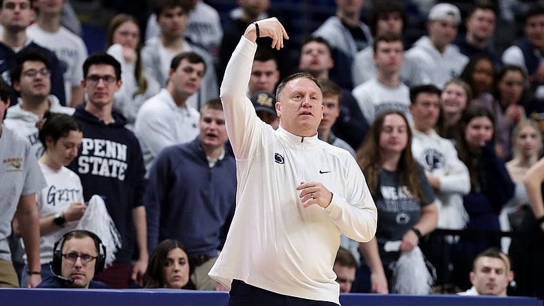 Feb 8, 2024; University Park, Pennsylvania, USA; Penn State Nittany Lions head coach Mike Rhoades gestures from the bench during the first half against the Iowa Hawkeyes at Bryce Jordan Center. Mandatory Credit: Matthew O'Haren-USA TODAY Sports