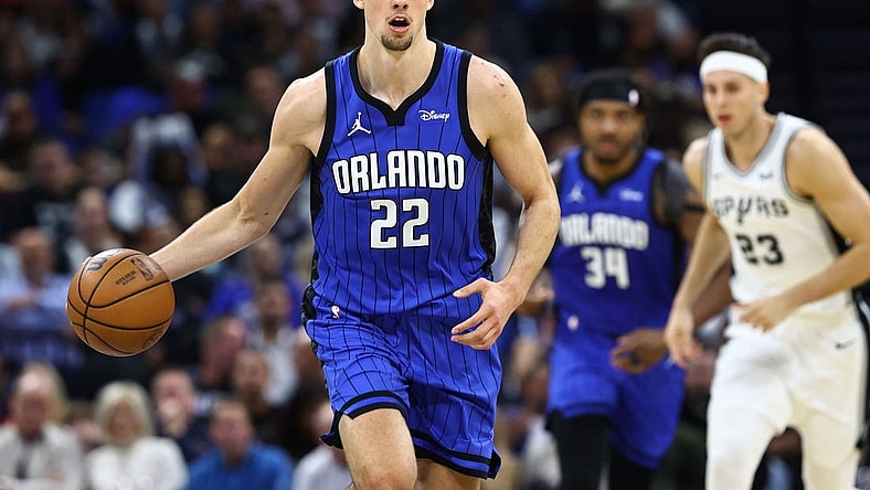 Feb 8, 2024; Orlando, Florida, USA; Orlando Magic forward Franz Wagner (22) drives to the basket against the San Antonio Spurs during the second quarter at Kia Center. Mandatory Credit: Kim Klement Neitzel-USA TODAY Sports