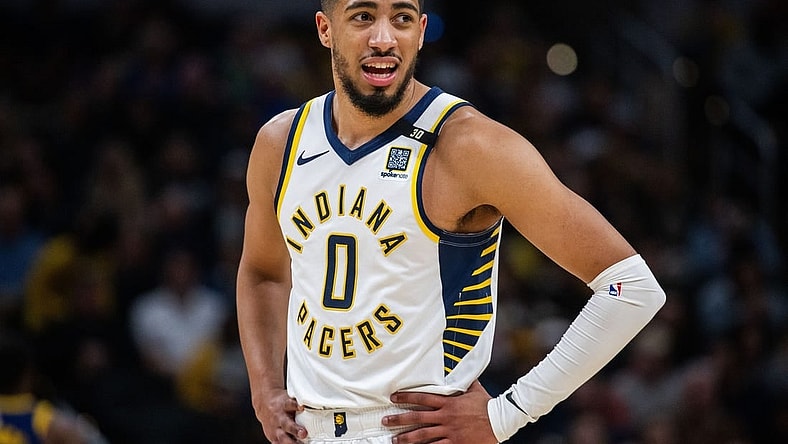 Feb 8, 2024; Indianapolis, Indiana, USA; Indiana Pacers guard Tyrese Haliburton (0) in the first half against the Golden State Warriors at Gainbridge Fieldhouse. Mandatory Credit: Trevor Ruszkowski-USA TODAY Sports