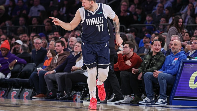 Feb 8, 2024; New York, New York, USA; Dallas Mavericks guard Luka Doncic (77) reacts after a basket against the New York Knicks during the second half at Madison Square Garden. Mandatory Credit: Vincent Carchietta-USA TODAY Sports