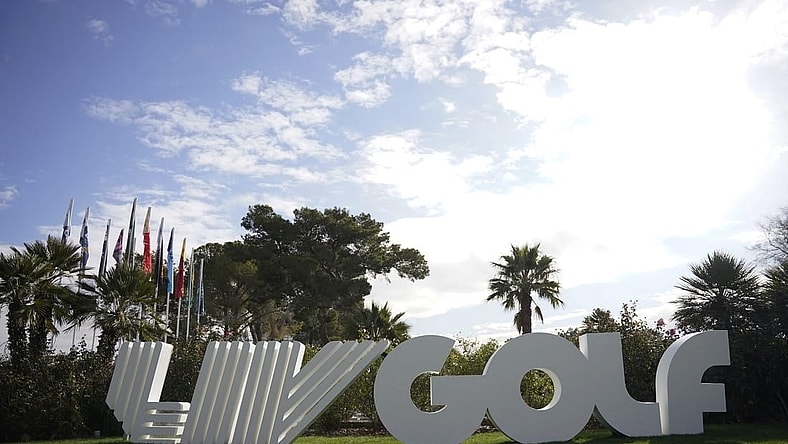 Feb 9, 2024; Las Vegas, Nevada, USA; A LIV Golf sign is observed prior to the second round of the LIV Golf Las Vegas tournament at Las Vegas Country Club. Mandatory Credit: Lucas Peltier-USA TODAY Sports