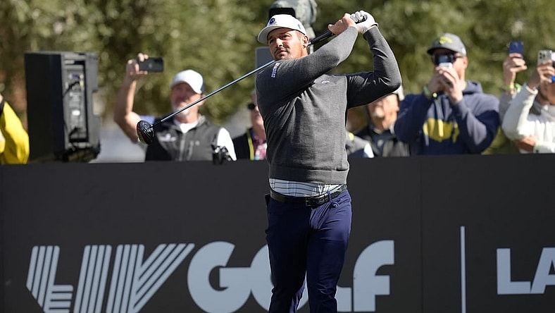 Feb 9, 2024; Las Vegas, Nevada, USA; Bryson DeChambeau plays his shot from the seventh tee during the second round of the LIV Golf Las Vegas tournament at Las Vegas Country Club. Mandatory Credit: Lucas Peltier-USA TODAY Sports