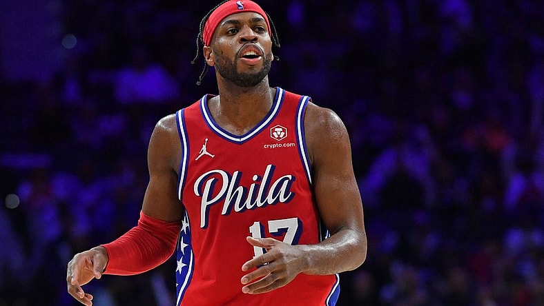 Feb 9, 2024; Philadelphia, Pennsylvania, USA;  Philadelphia 76ers guard Buddy Hield (17) against the Atlanta Hawks during the third quarter at Wells Fargo Center. Mandatory Credit: Eric Hartline-USA TODAY Sports