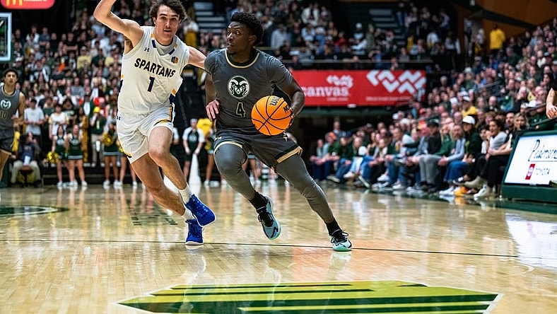 Colorado State University's
Isaiah Stevens (4) drives towards the basket during their game against San Jose State at Moby Arena on Friday, Feb. 9. Rams win 66-47.