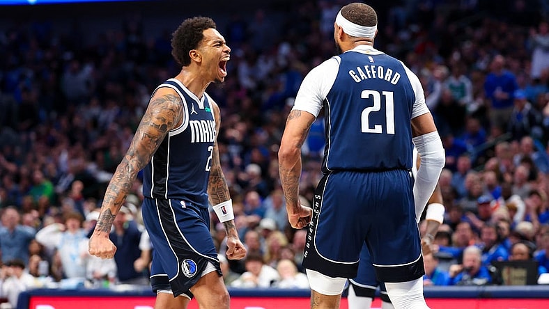 Feb 10, 2024; Dallas, Texas, USA; Dallas Mavericks forward P.J. Washington (25) celebrates with Dallas Mavericks center Daniel Gafford (21) during the second half against the Oklahoma City Thunder at American Airlines Center. Mandatory Credit: Kevin Jairaj-USA TODAY Sports