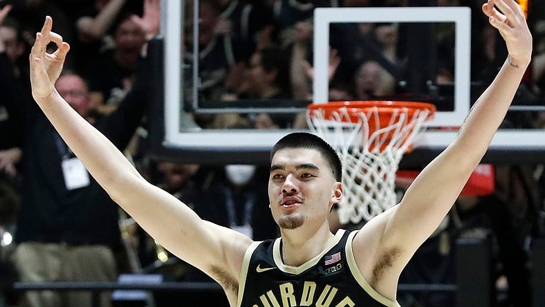 Purdue Boilermakers center Zach Edey (15) reacts after making a 3-point shot during the NCAA men's basketball game against the Indiana Hoosiers, Saturday, Feb. 10, 2024, at Mackey Arena in West Lafayette, Ind. Purdue Boilermakers won 79-59.