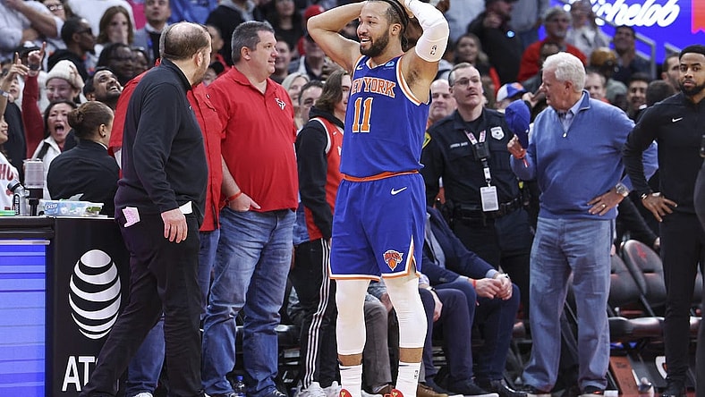 Feb 12, 2024; Houston, Texas, USA; New York Knicks guard Jalen Brunson (11) reacts after a call during the fourth quarter against the Houston Rockets at Toyota Center. Mandatory Credit: Troy Taormina-USA TODAY Sports