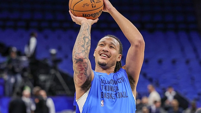 Feb 13, 2024; Orlando, Florida, USA; Oklahoma City Thunder forward Jaylin Williams (6) warms up before the game against the Orlando Magic at Amway Center. Mandatory Credit: Mike Watters-USA TODAY Sports