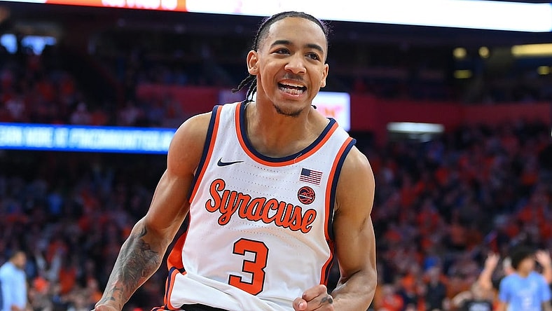 Feb 13, 2024; Syracuse, New York, USA; Syracuse Orange guard Judah Mintz (3) reacts to a play against the North Carolina Tar Heels during the second half at the JMA Wireless Dome. Mandatory Credit: Rich Barnes-USA TODAY Sports