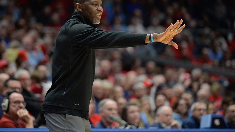 Feb 13, 2024; Dayton, Ohio, USA;  Dayton Flyers head coach Anthony Grant motions to the team during the game against Duquesne at University of Dayton Arena. Mandatory Credit: Matt Lunsford-USA TODAY Sports