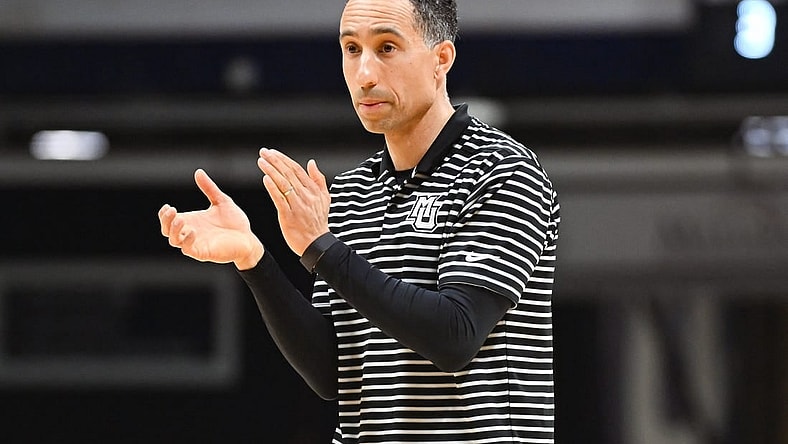 Feb 13, 2024; Indianapolis, Indiana, USA; Marquette Golden Eagles head coach Shaka Smart celebrates after a play against the Butler Bulldogs during the second half at Hinkle Fieldhouse. Mandatory Credit: Robert Goddin-USA TODAY Sports