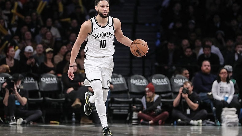 Feb 13, 2024; Brooklyn, New York, USA;  Brooklyn Nets guard Ben Simmons (10) brings the ball up court in the third quarter against the Boston Celtics at Barclays Center. Mandatory Credit: Wendell Cruz-USA TODAY Sports