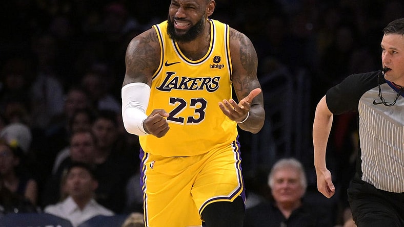Feb 13, 2024; Los Angeles, California, USA;  Los Angeles Lakers forward LeBron James (23) reacts after not getting a foul call in the second half against the Detroit Pistons at Crypto.com Arena. Mandatory Credit: Jayne Kamin-Oncea-USA TODAY Sports