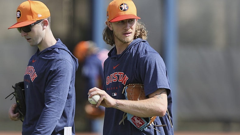 Feb 14, 2024; West Palm Beach, FL, USA; Houston Astros relief pitcher Josh Hader (71) looks on during spring training practice at CACTI Park of the Palm Beaches. Mandatory Credit: Sam Navarro-USA TODAY Sports