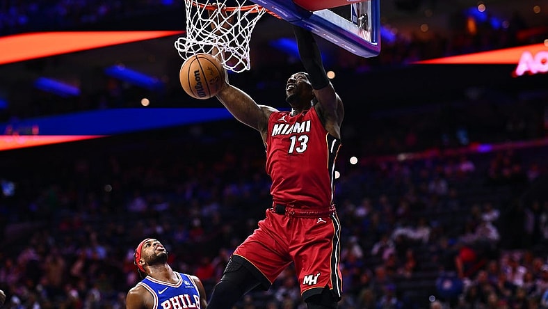Feb 14, 2024; Philadelphia, Pennsylvania, USA; Miami Heat center Bam Adebayo (13) dunks against the Philadelphia 76ers in the first quarter at Wells Fargo Center. Mandatory Credit: Kyle Ross-USA TODAY Sports