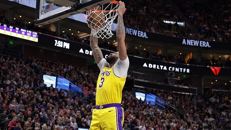 Feb 14, 2024; Salt Lake City, Utah, USA;  Utah Jazz guard Keyonte George (3) dunks the ball during the second quarter against the Utah Jazz at Delta Center. Mandatory Credit: Chris Nicoll-USA TODAY Sports