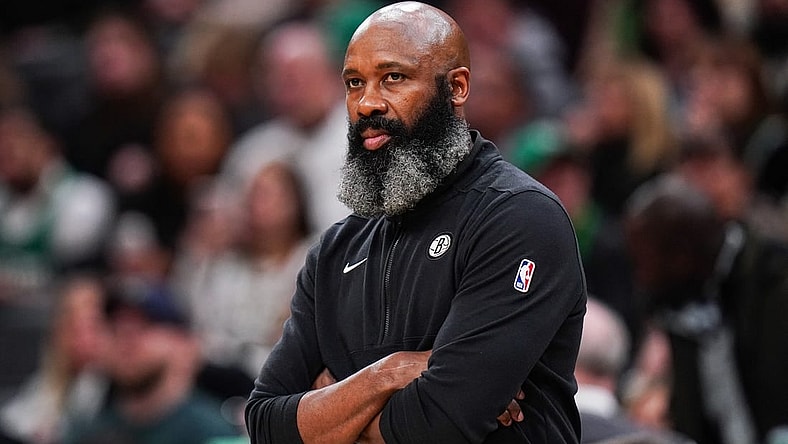 Feb 14, 2024; Boston, Massachusetts, USA; Brooklyn Nets head coach Jacque Vaughn watches from the sideline at they take on the Boston Celtics at TD Garden. Mandatory Credit: David Butler II-USA TODAY Sports