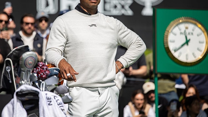 Feb 15, 2024; Pacific Palisades, California, USA; Tiger Woods on the tenth hole during the first round of The Genesis Invitational golf tournament. Mandatory Credit: Jason Parkhurst-USA TODAY Sports
