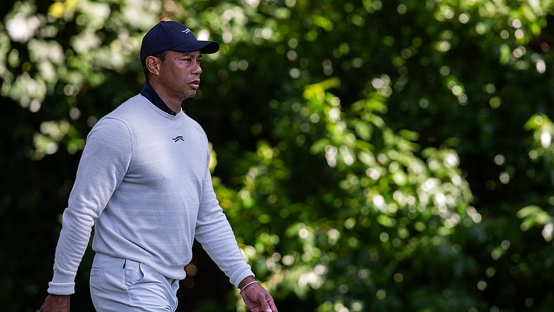 Feb 15, 2024; Pacific Palisades, California, USA; Tiger Woods on the 12th hole during the first round of The Genesis Invitational golf tournament. Mandatory Credit: Jason Parkhurst-USA TODAY Sports