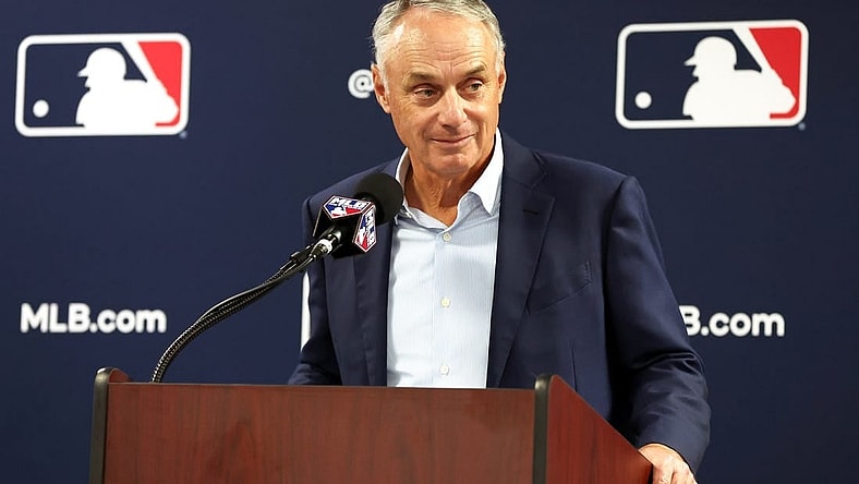 Feb 15, 2024; Tampa, FL, USA; MLB commissioner Rob Manfred talks with media at George M. Steinbrenner Field. Mandatory Credit: Kim Klement Neitzel-USA TODAY Sports