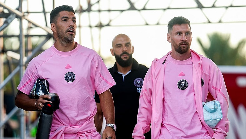 Feb 15, 2024; Fort Lauderdale, FL, USA;  Inter Miami CF forward Lionel Messi (10) and Inter Miami CF forward Luis Suarez (9) arrive for a game against the Newell's Old Boys at DRV PNK Stadium. Mandatory Credit: Nathan Ray Seebeck-USA TODAY Sports