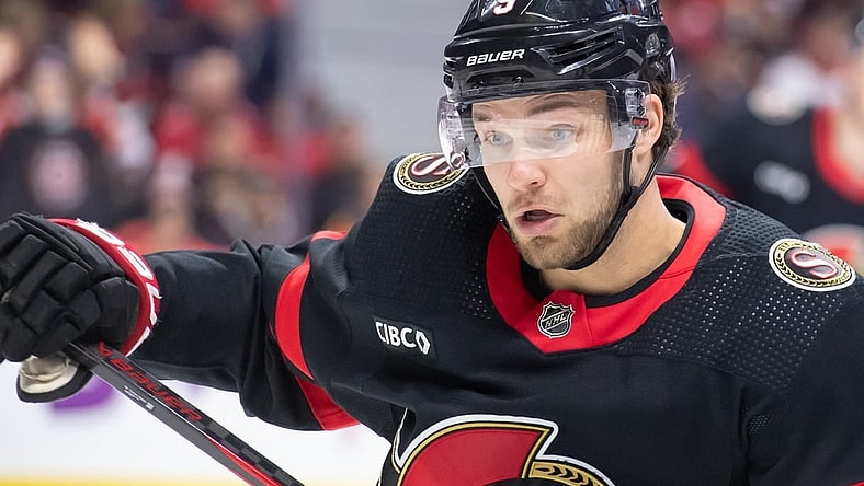 Feb 15, 2024; Ottawa, Ontario, CAN; Ottawa Senators center Josh Norris (9) follows the puck in the second period against the Anaheim Ducks at the Canadian Tire Centre. Mandatory Credit: Marc DesRosiers-USA TODAY Sports