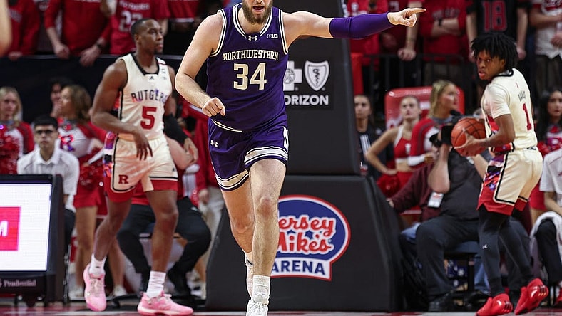 Feb 15, 2024; Piscataway, New Jersey, USA; Northwestern Wildcats center Matthew Nicholson (34) reacts after making a basket against the Rutgers Scarlet Knights during the second half at Jersey Mike's Arena. Mandatory Credit: Vincent Carchietta-USA TODAY Sports