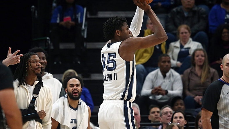 Feb 15, 2024; Memphis, Tennessee, USA; Memphis Grizzlies forward GG Jackson (45) shoots for three during the second half against the Milwaukee Bucks at FedExForum. Mandatory Credit: Petre Thomas-USA TODAY Sports