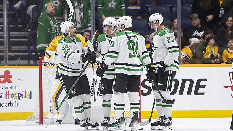 Feb 15, 2024; Nashville, Tennessee, USA; Dallas Stars center Wyatt Johnston (53) celebrates his goal against the Nashville Predators during the third period at Bridgestone Arena. Mandatory Credit: Steve Roberts-USA TODAY Sports
