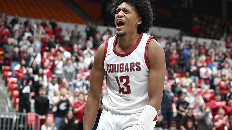 Feb 15, 2024; Pullman, Washington, USA; Washington State Cougars forward Isaac Jones (13) celebrates a basket and foul during a game against the California Golden Bears in the second half at Friel Court at Beasley Coliseum. Washington State Cougars won 84-65. Mandatory Credit: James Snook-USA TODAY Sports