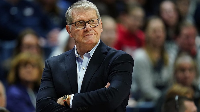 Feb 16, 2024; Storrs, Connecticut, USA; UConn Huskies head coach Geno Auriemma watches from the sideline as they take on the Georgetown Hoyas at Harry A. Gampel Pavilion. Mandatory Credit: David Butler II-USA TODAY Sports