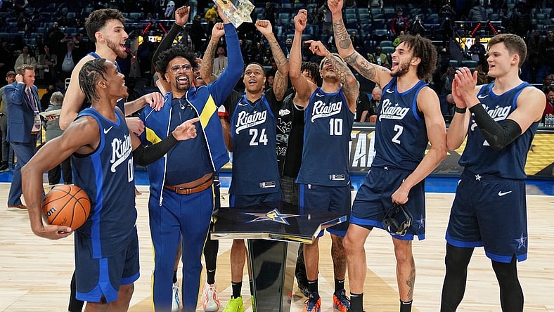 Feb 16, 2024; Indianapolis, Indiana, USA; Team Jalen celebrate after winning the Rising Stars final at Gainbridge Fieldhouse. Mandatory Credit: Kyle Terada-USA TODAY Sports