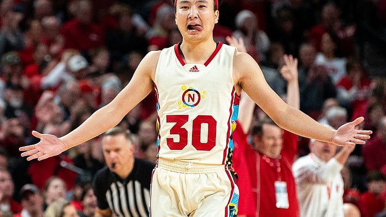 Feb 17, 2024; Lincoln, Nebraska, USA;  Nebraska Cornhuskers guard Keisei Tominaga (30) reacts during the first quarter at Pinnacle Bank Arena. Mandatory Credit: Dylan Widger-USA TODAY Sports