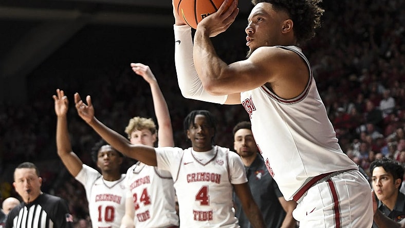 Feb 17, 2024; Tuscaloosa, Alabama, USA;  Alabama Crimson Tide guard Mark Sears (1) shoots a three point shot against the Texas A&M Aggies during the second half at Coleman Coliseum. Alabama won 100-75. Mandatory Credit: Gary Cosby Jr.-USA TODAY Sports