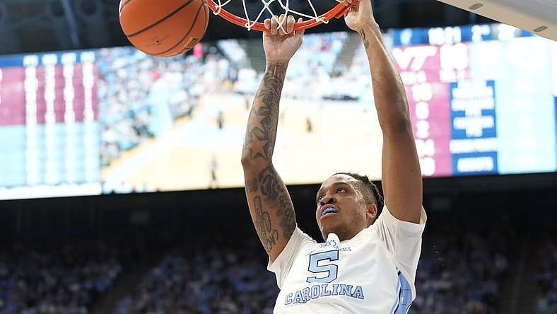 Feb 17, 2024; Chapel Hill, North Carolina, USA; North Carolina Tar Heels forward Armando Bacot (5) scores in the second half at Dean E. Smith Center. Mandatory Credit: Bob Donnan-USA TODAY Sports