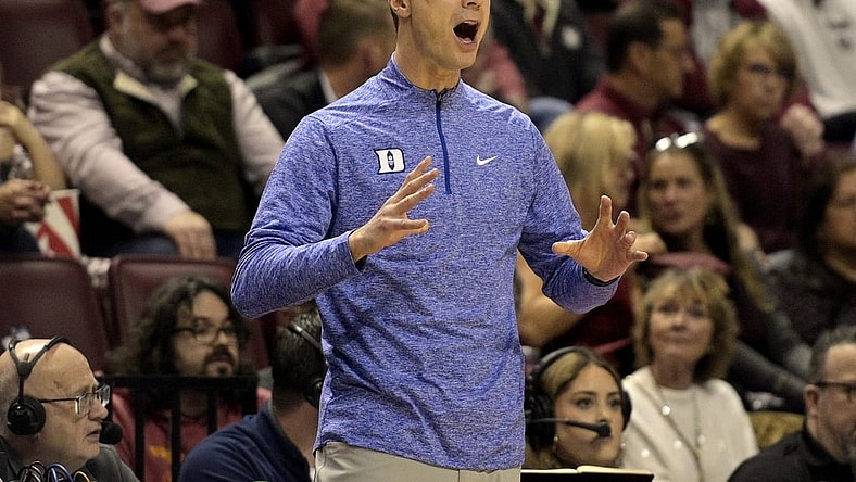 Feb 17, 2024; Tallahassee, Florida, USA; Duke Blue Devils head coach Jon Scheyer during the first half against the Florida State Seminoles at Donald L. Tucker Center. Mandatory Credit: Melina Myers-USA TODAY Sports