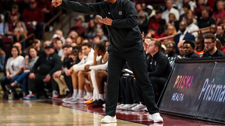 Feb 17, 2024; Columbia, South Carolina, USA; South Carolina Gamecocks head coach Lamont Paris directs his team against the LSU Tigers in the first half at Colonial Life Arena. Mandatory Credit: Jeff Blake-USA TODAY Sports