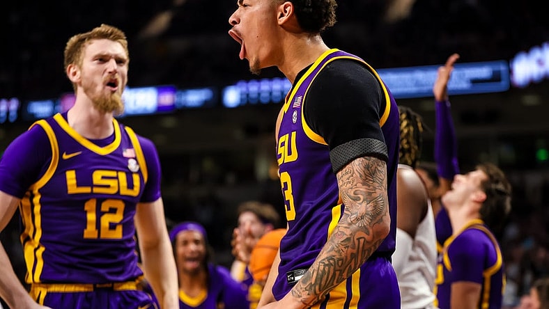 Feb 17, 2024; Columbia, South Carolina, USA; LSU Tigers forward Jalen Reed (13) celebrates a play against the South Carolina Gamecocks in the second half at Colonial Life Arena. Mandatory Credit: Jeff Blake-USA TODAY Sports